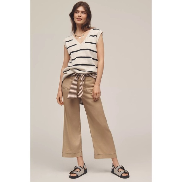 Anthropologie The Colette Linen Pants Wide Leg Contrast Maeve Khaki Tan 32 - Picture 10 of 10